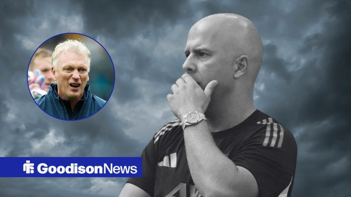 Liverpool manager Arne Slot looking perplexed with a stormy background, Everton boss David Moyes celebrates towards the fans following victory in t...