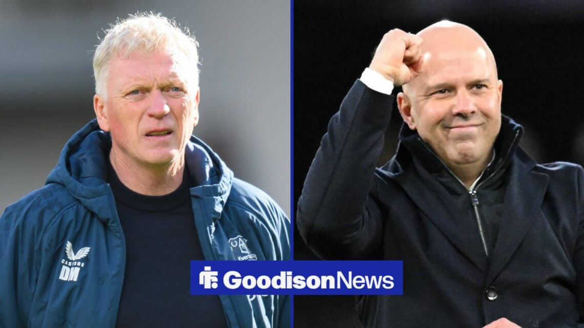 David Moyes applauds the supporters after their draw against Brentford during the Premier League match, Liverpool boss Arne Slot celebrating.