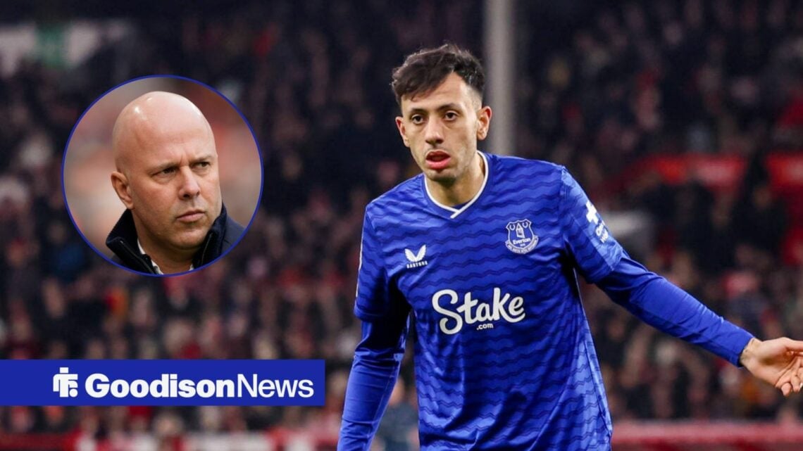 Dwight McNeil during the Premier League match between Nottingham Forest and Everton, Liverpool manager Arne Slot in inset.