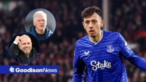 Dwight McNeil during the Premier League match between Nottingham Forest and Everton, Everton Manager David Moyes applauds the supporters after their draw against Brentford during the Premier League match, Liverpool boss Arne Slot celebrating in inset.