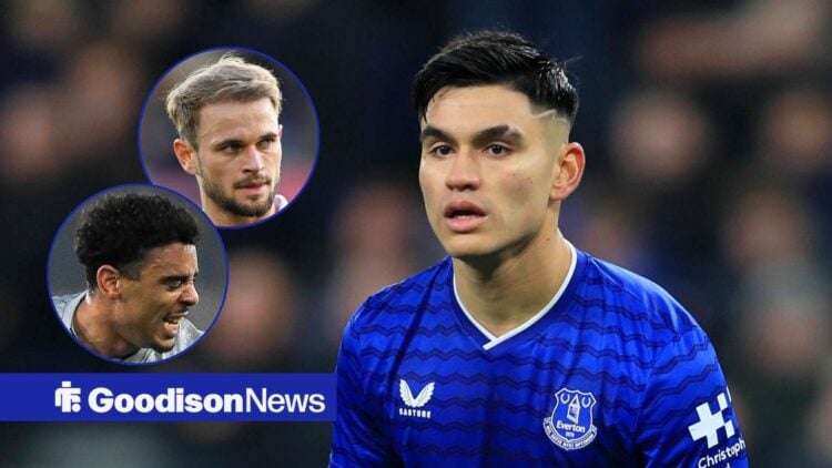 Everton midfielder Charly Alcaraz as main image with Leo Scienza and Arthur Atta in circular insets on the left