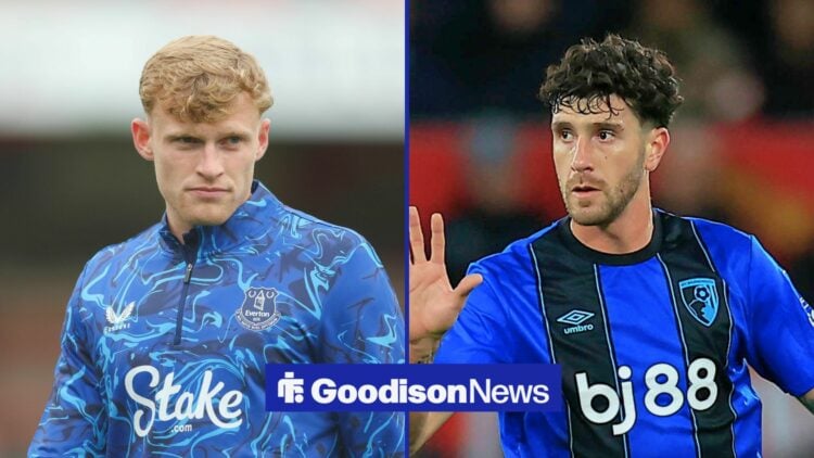 Split image of Everton defender Jarrad Branthwaite and Marcos Senesi