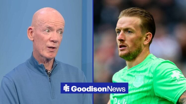 Split image of Dermot Gallagher and Everton goalkeeper Jordan Pickford