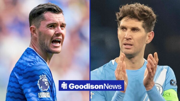 Split image of Everton defender Michael Keane and Manchester City centre-back John Stones