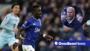 Idrissa Gueye in action for Everton vs Burnley, Liverpool boss Arne Slot looking miserable in inset.