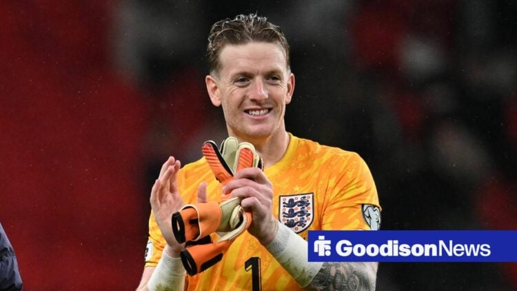 Jordan Pickford 1 of England applauds the fans at full time during the 2026 FIFA World Cup Qualifier match between England and Serbia.