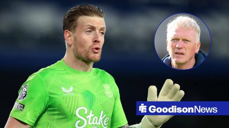 Jordan Pickford in action for Everton vs Aston Villa, Everton boss David Moyes applauds the supporters after their draw against Brentford.