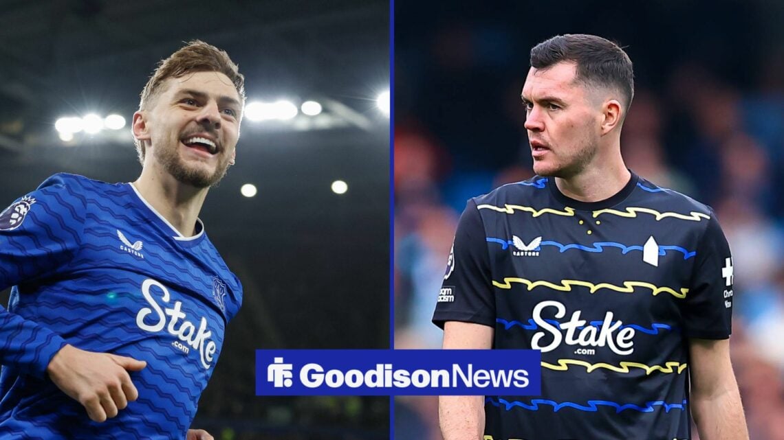 Kiernan Dewsbury-Hall of Everton celebrates scoring their sides second goal during the Everton vs Burnley Premier League match, Michael Keane of Ev...