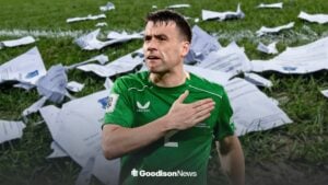 Seamus Coleman in an Ireland shirt, with Everton contracts ripped up behind him.