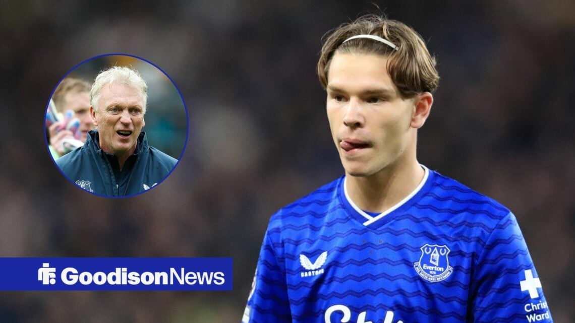 Tyler Dibling of Everton in the Premier League clash with West Ham, David Moyes celebrates towards the fans following victory in the Wolverhampton ...