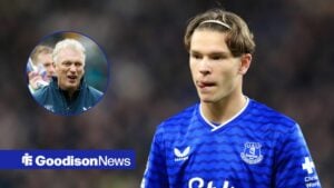 Tyler Dibling of Everton in the Premier League clash with West Ham, David Moyes celebrates towards the fans following victory in the Wolverhampton Wanderers vs Everton Premier League match.