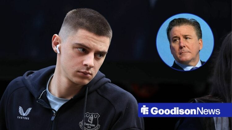 Vitaliy Mykolenko during the Premier League match between Fulham and Everton, Dan Friedkin in inset.