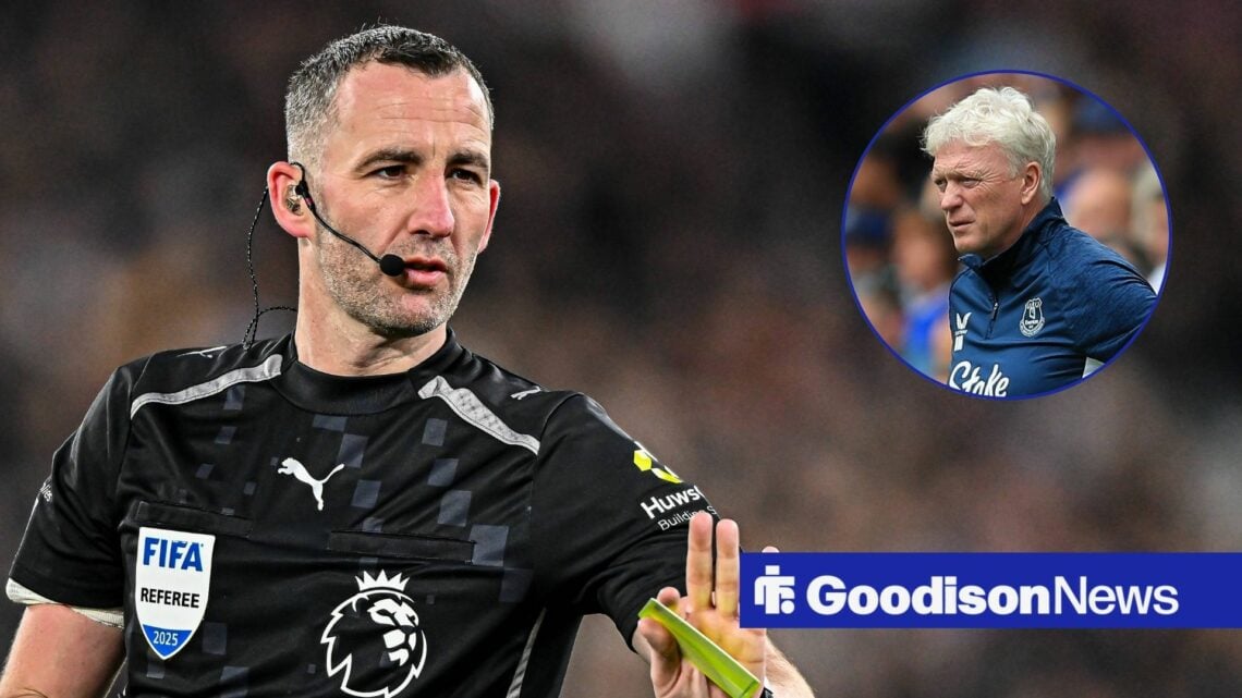 Chris Kavanagh refereeing a game, with David Moyes in a circular frame inset