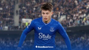 Esmir Bajraktarevic in an Everton jersey at Hill Dickinson Stadium