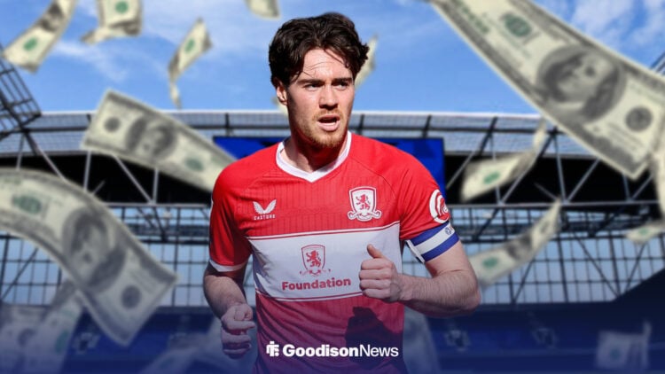 Middlesbrough's Hayden Hackney with Everton's Hill Dickinson Stadium background and cash notes