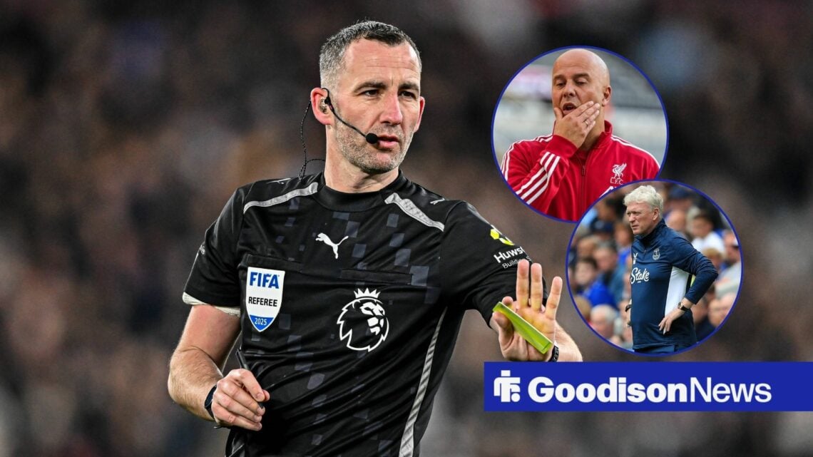 Chris Kavanagh with circular insets of David Moyes and Arne Slot.