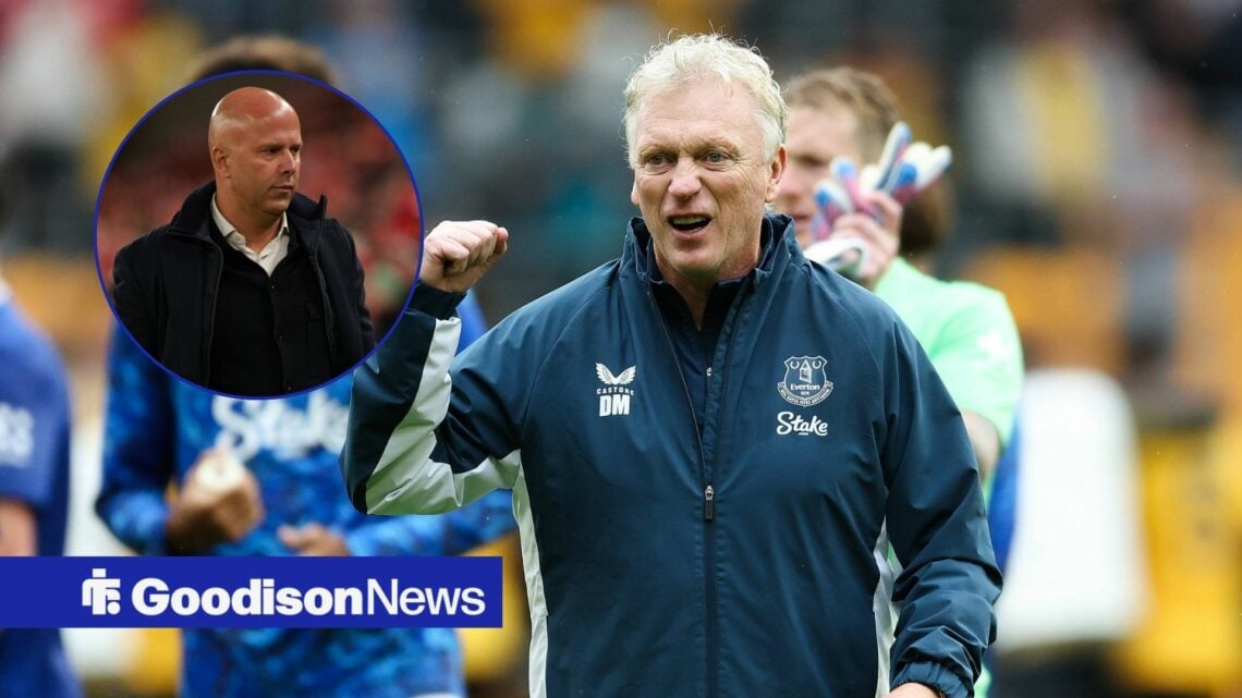 David Moyes celebrates while looking at a circular inset of Arne Slot.