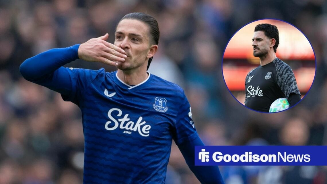 Jack Grealish in Everton home kit blowing kiss to fans with Tom King in circular inset