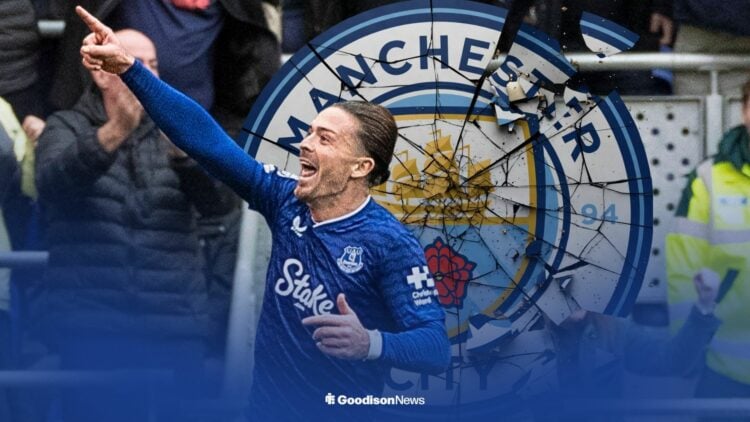 Jack Grealish of Everton F.C. celebrates his goal during the Premier League match between Everton and Crystal Palace at Hill Dickinson Stadium