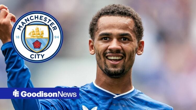 Iliman Ndiaye smiling for Everton with circular inset of Manchester City badge