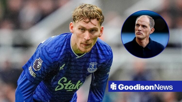 James Garner in action for Everton with Thomas Tuchel in circular inset
