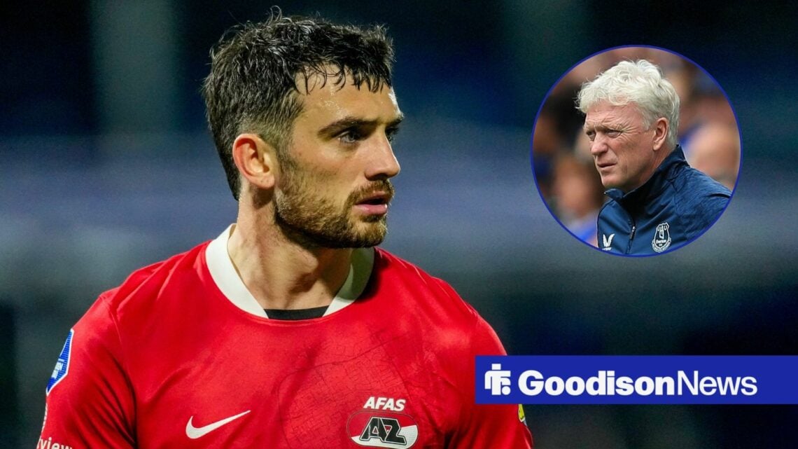 Troy Parrott in action for AZ with David Moyes in circular inset