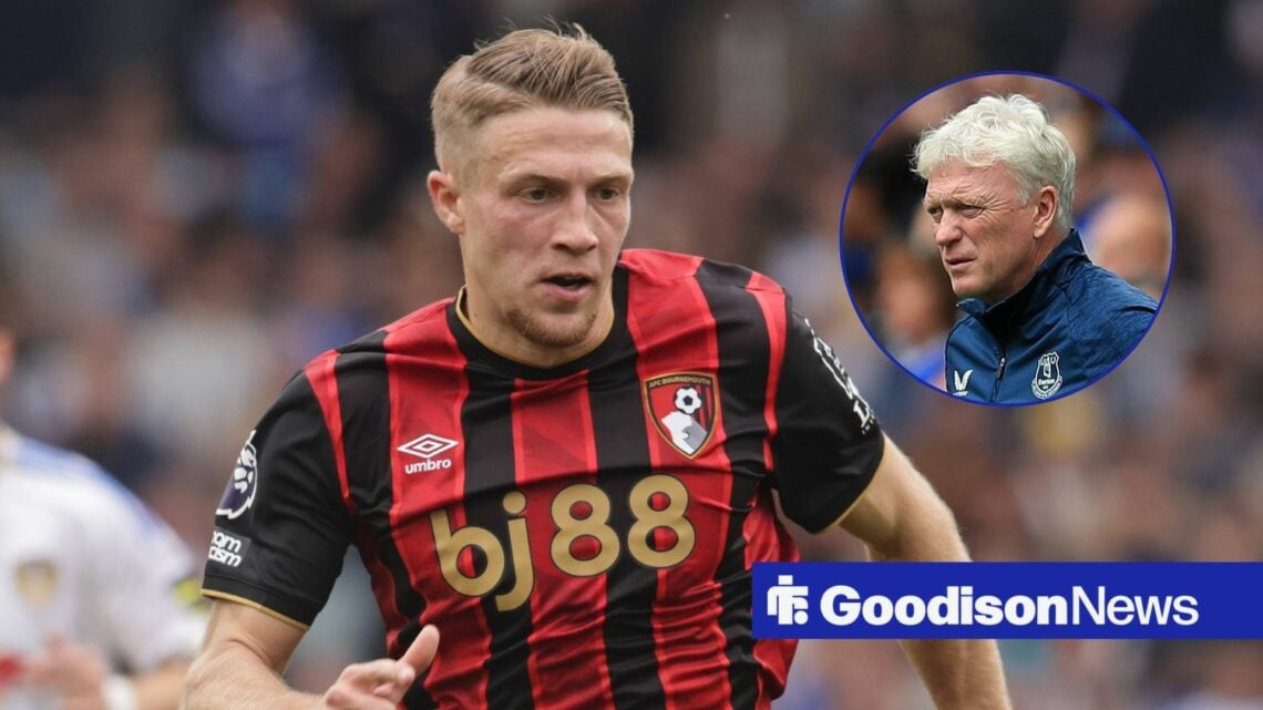 Adrien Truffert in action for Bournemouth with David Moyes watching on in circular inset