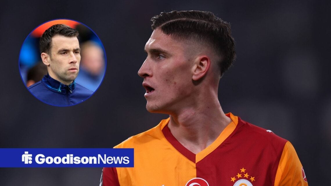 Roland Sallai in action for Galatasaray with Seamus Coleman in circular inset