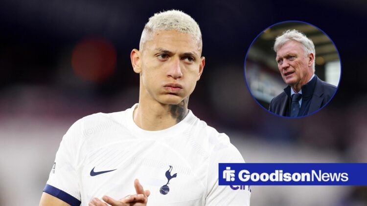 Richarlison in action for Tottenham with David Moyes looking on in circular inset