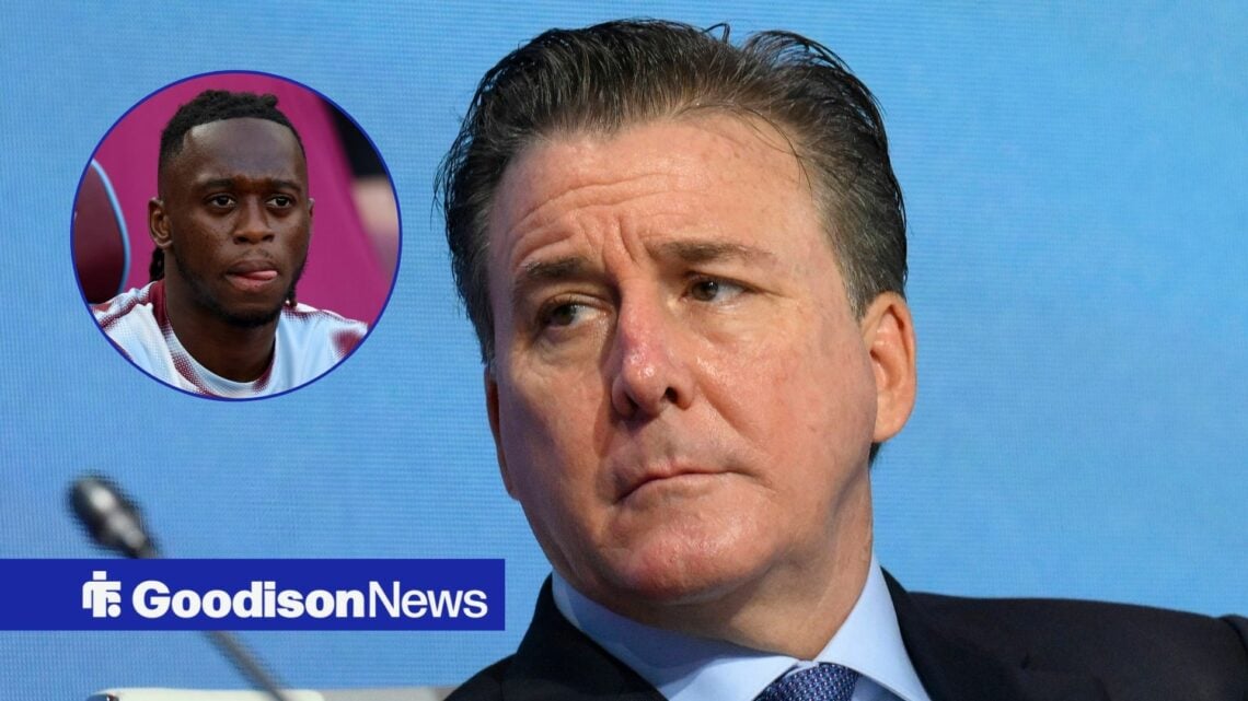 Dan Friedkin looking on as Everton owner with Aaron Wan-Bissaka in circular inset