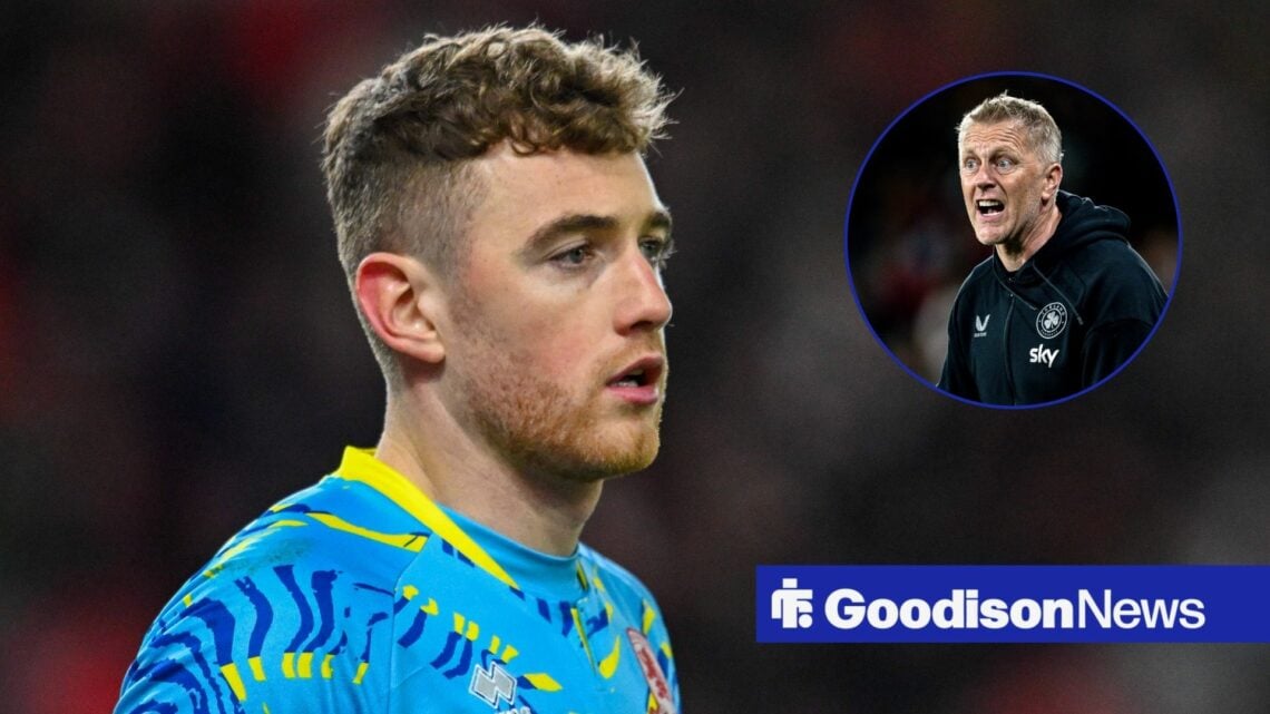 Mark Travers in action as a goalkeeper with Heimir Hallgrimsson in circular inset