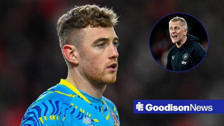 Mark Travers in action as a goalkeeper with Heimir Hallgrimsson in circular inset
