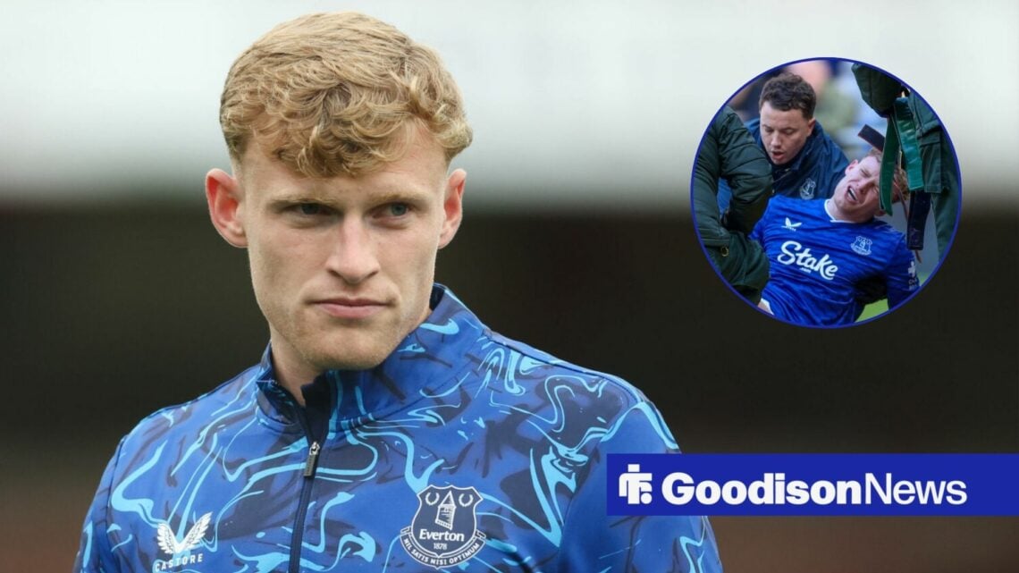 Everton defender Jarrad Branthwaite in a tracksuit top looking towards a circle inset of Jarrad Branthwaite being carried on a stretcher at the Hil...