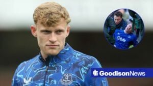 Everton defender Jarrad Branthwaite in a tracksuit top looking towards a circle inset of Jarrad Branthwaite being carried on a stretcher at the Hill Dickinson Stadium during Everton's Premier League match against Liverpool on Sunday, 19 April, 2026.