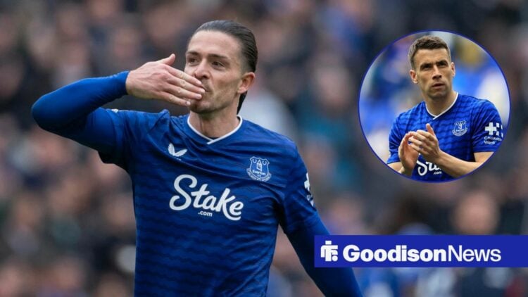 Jack Grealish blowing kiss in Everton home kit with Seamus Coleman in circular inset