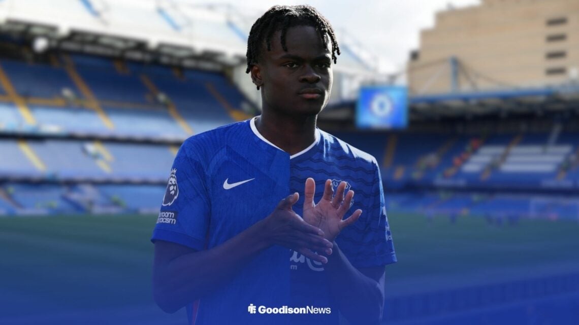 Tyrique George in an Everton and Chelsea shirt at Stamford Bridge