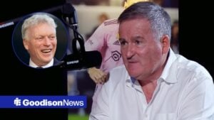 Richard Keys speaking on beIN Sports looking towards a circle inset of David Moyes laughing