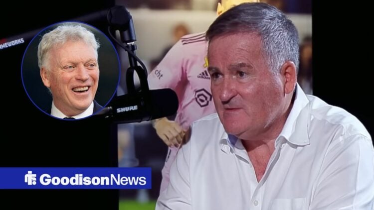 Richard Keys speaking on beIN Sports looking towards a circle inset of David Moyes laughing