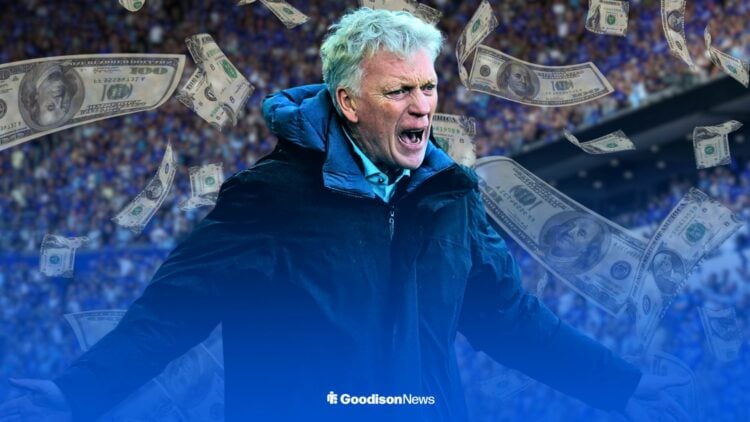 David Moyes looking annoyed surrounded by bank notes at Hill Dickinson Stadium