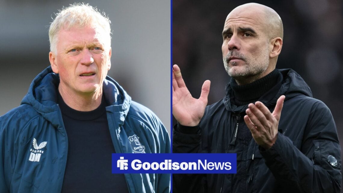 David Moyes looks on with Pep Guardiola applauding fans