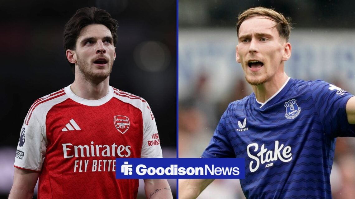 Declan Rice on the left for Arsenal with James Garner on the right for Everton