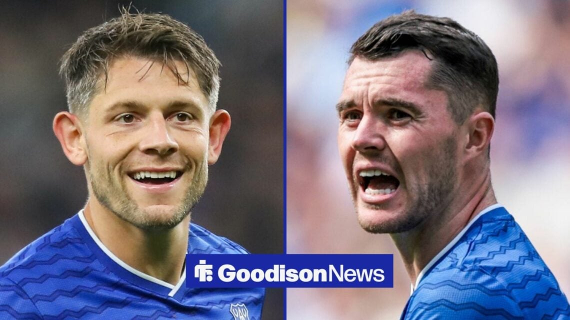 James Tarkowski smiling in the direction of Everton team-mate, Michael Keane.