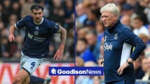 Tristan Crama in action for Milwall on the left with David Moyes standing with hands on hips for Everton on the right