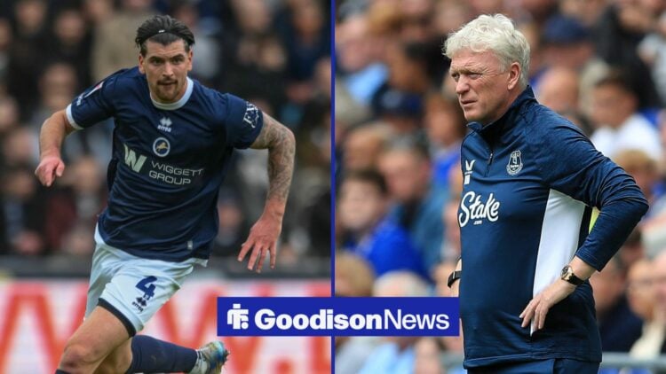 Tristan Crama in action for Milwall on the left with David Moyes standing with hands on hips for Everton on the right