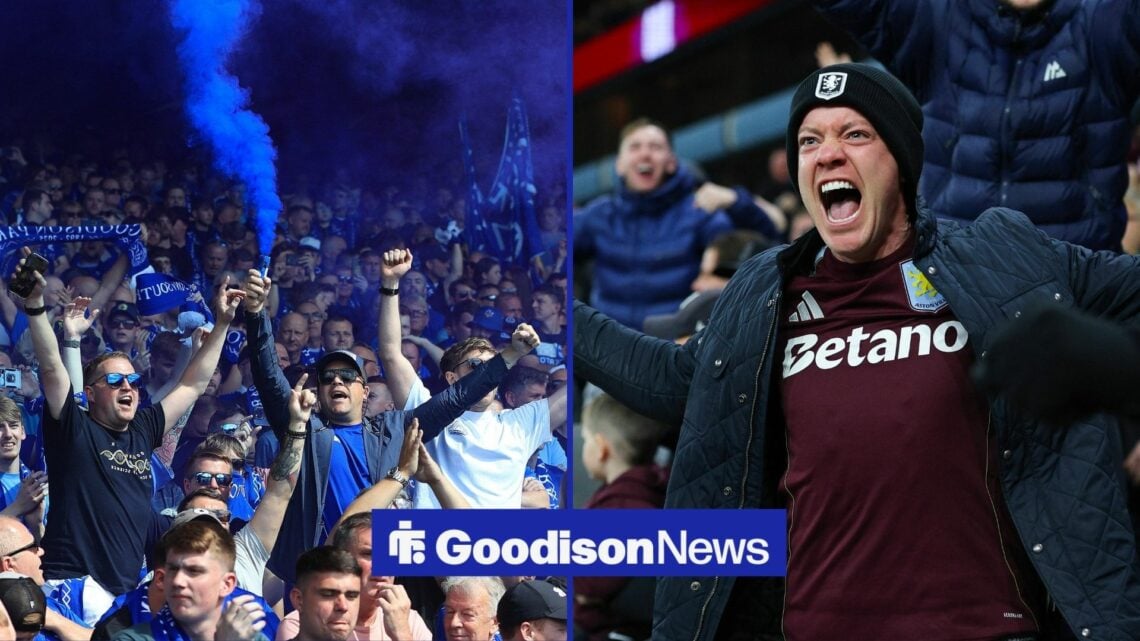 Everton fans standing next to Aston Villa fans.