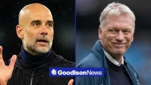 Pep Guardiola applauds Man City fans on the left with David Moyes smiling on the right