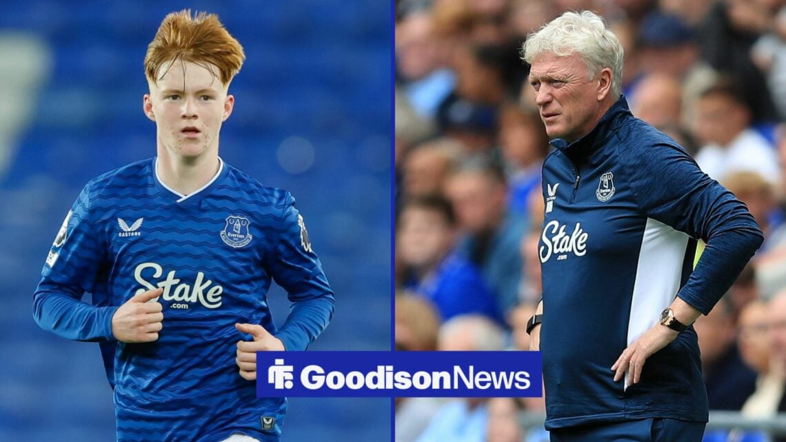 Braiden Graham in action for Everton on the left with David Moyes on the touchline on the right