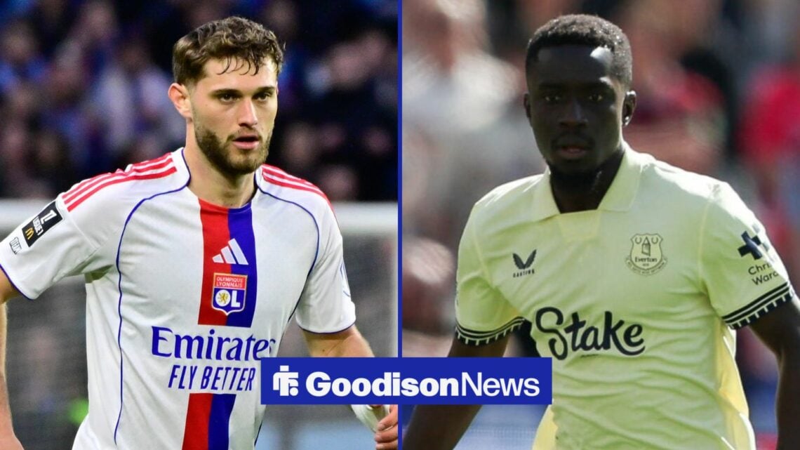 Everton's Idrissa Gana Gueye standing next to Lyon midfielder Tanner Tessmann