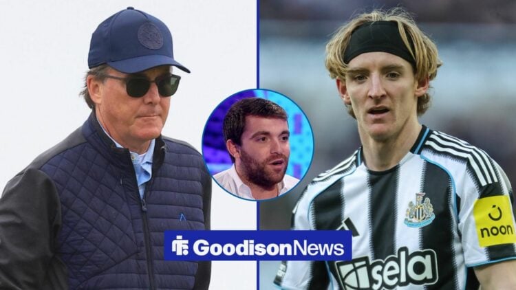 Dan Friedkin looking at Newcastle United star Anthony Gordon, with Fabrizio Romano central.