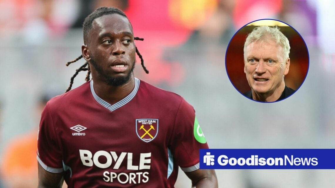 Aaron Wan-Bissaka in action for West Ham in the Premier League Summer Series, Everton boss David Moyes looking happy.